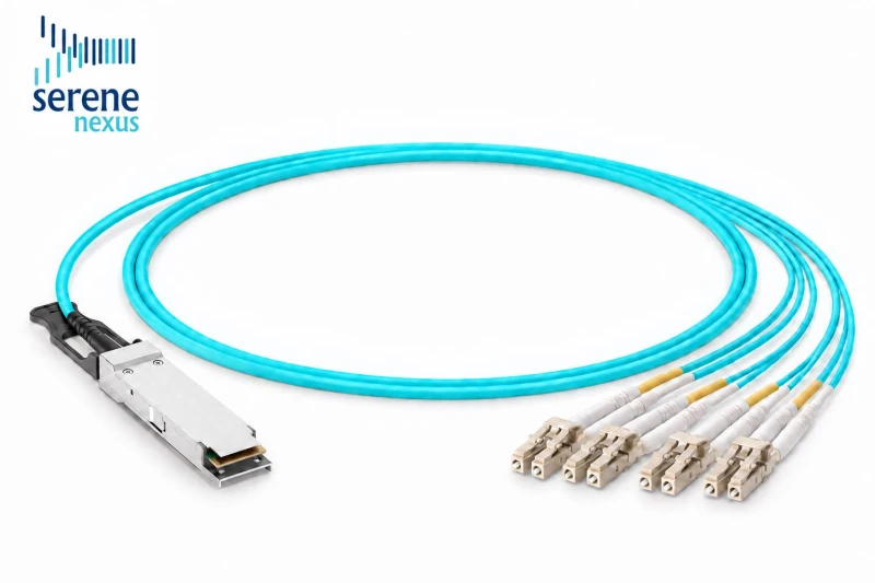 30M kabel AOC breakout 40G QSFP+ do 4×LC duplex Serene Nexus – widok całego przewodu
