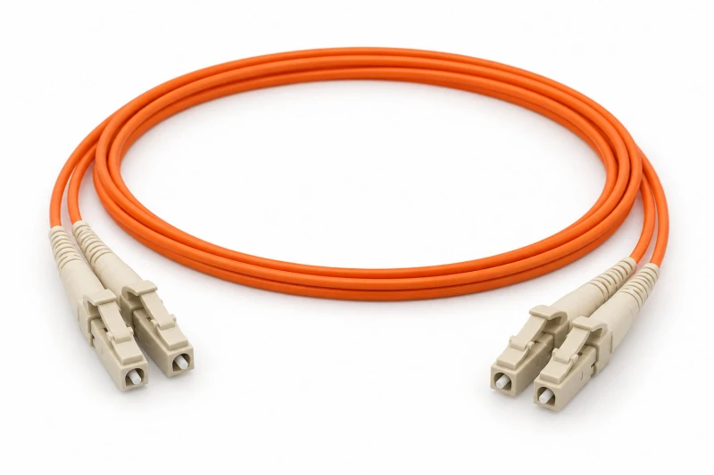 Patchcord OM2 LC-LC duplex, pomarańczowy kabel i kremowe złącza