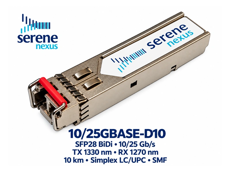 Moduł Serene Nexus 10/25GBASE-D10, SFP28 BiDi 10 / 25 Gb/s (Dual-Rate), TX 1330 nm, RX 1270 nm, 10 km, Simplex LC/UPC, SMF