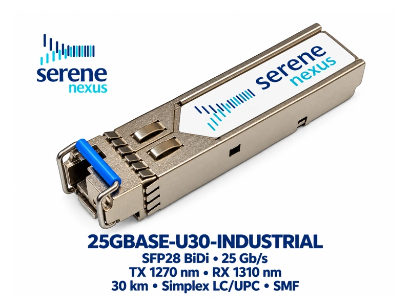 Moduł Serene Nexus 25GBASE-U30-INDUSTRIAL, SFP28 BiDi 25 Gb/s, TX 1270 nm, RX 1310 nm, 30 km, Simplex LC/UPC, SMF, przemysłowy