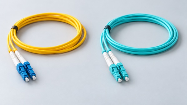 Żółty kabel singlemode i turkusowy kabel multimode ze złączami LC